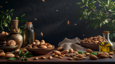 Almond oil in glass bottles and almond nuts on wooden background.の素材