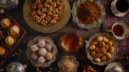 Traditional oriental sweets and tea on a wooden background. Top viewの素材