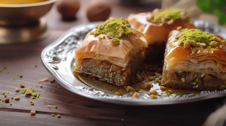 Traditional turkish dessert baklava with cashew, walnuts. Homemade baklava with nuts and honey.の素材