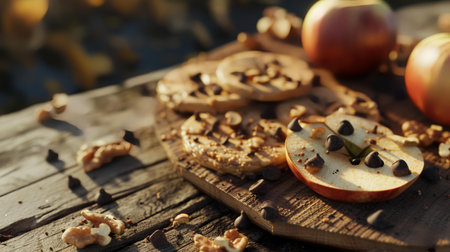 Healthy snack. Apples and walnuts on a wooden board.の素材