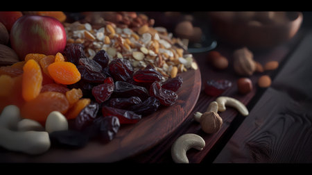 Mix of dried fruits and nuts on a wooden table. Selective focus.の素材