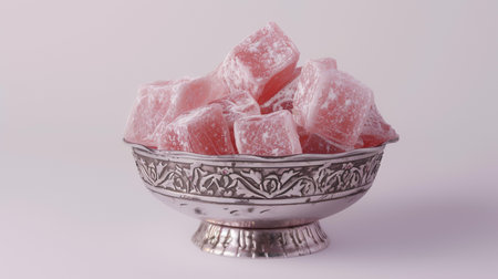 Turkish delight in silver bowl on white background. Selective focus.の素材