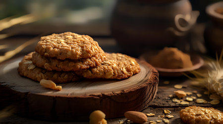 Oatmeal cookies with nuts on a wooden table. Selective focus.の素材