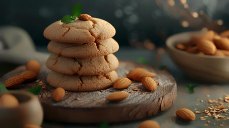 Delicious cookies with almonds on table, closeup. Space for textの素材