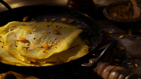 Pancakes with condensed milk in a cast-iron frying panの素材