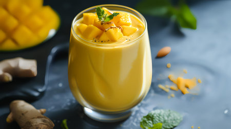 Delicious mango smoothie with fresh mango and mint on dark backgroundの素材