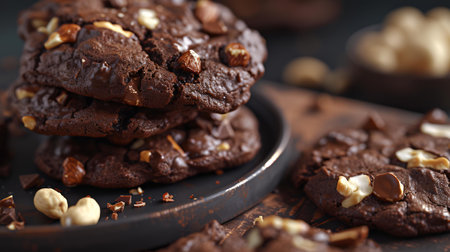Delicious chocolate cookies with nuts on wooden table, closeup viewの素材