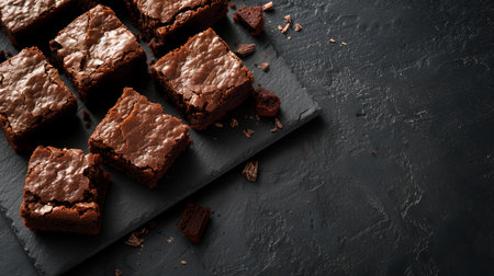 Homemade chocolate brownies on black stone background. Top view with copy spaceの素材