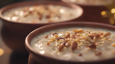 Creamy soup with nuts and dried fruits in a bowl.の素材
