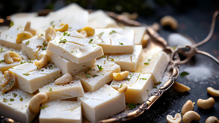 Traditional Turkish delight with nuts on dark background. Selective focus.の素材