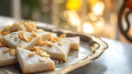 Tray with delicious almond nougat on table, closeupの素材