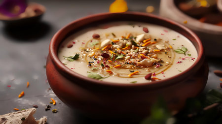 Vegetable cream soup with vegetables and nuts in a bowl on a dark backgroundの素材