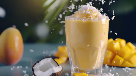 Mango smoothie with coconut and milk splashes on blue tableの素材