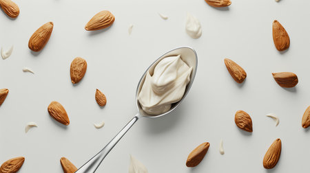 Almond butter in spoon and almonds on white background, top viewの素材