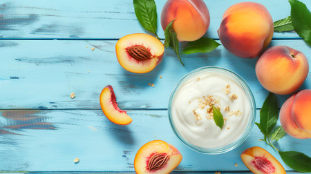 Delicious yogurt with peaches and mint leaves on blue wooden tableの素材