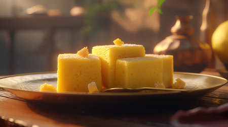 Vanilla cake with butter cream on a plate on a wooden tableの素材
