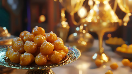 Close-up of traditional oriental sweets on a silver tray.の素材