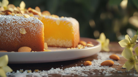 Close-up of lemon bundt cake with almonds on wooden tableの素材