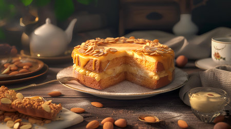 Cake with almonds and honey on a wooden table. Toned.の素材