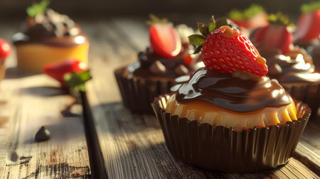Delicious cupcakes with chocolate and strawberries on wooden table, closeupの素材