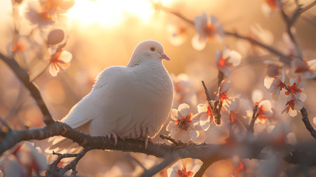 White dove on a flowering tree in the rays of the setting sunの素材