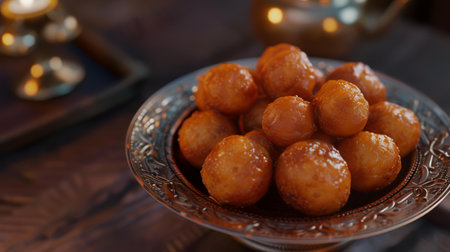 Traditional oriental sweets. Deep-fried dumplings on a wooden tableの素材