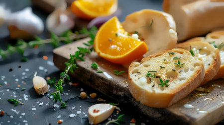 Bruschetta with orange, garlic and herbs on wooden boardの素材