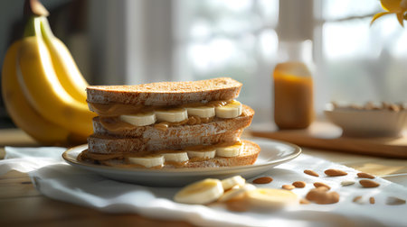 Plate with tasty banana pancakes on table in kitchen, closeupの素材