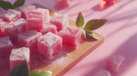 Turkish delight on a wooden plate on a pink background. Selective focus.の素材