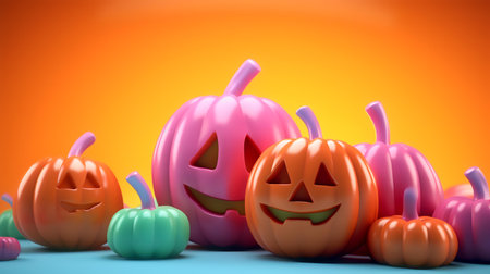 Halloween pumpkins on orange background. 3d render illustration.の素材
