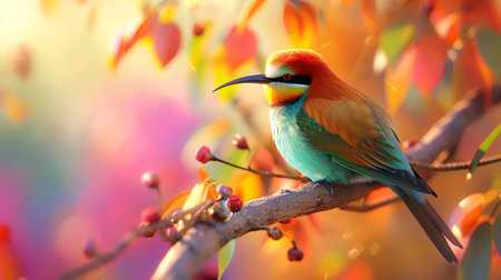 Bee eater bird sitting on a branch with colorful autumn leaves in the backgroundの素材