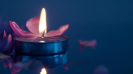 Burning candle with flower petals on blue background, close upの素材