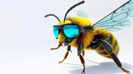 bee with blue glasses isolated on white background. 3d illustration.の素材