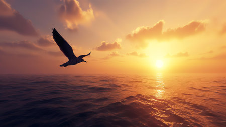 Seagull flying over the sea at sunset. 3d renderの素材