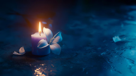 Candle light with flower on dark blue background with copy space.の素材