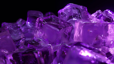 close up of crystal ice cubes on black background with purple backlightの素材