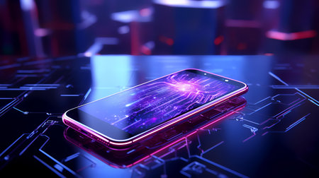 Smartphone with glowing hologram on blue background. 3d renderingの素材