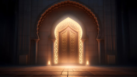 Arabic door in the mosque. Ramadan Kareem concept. 3D renderingの素材