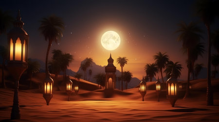 Ramadan Kareem background with full moon and mosque in desert.の素材