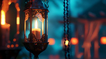 Arabic lantern with burning candle in the night. Selective focus.の素材
