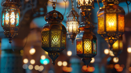 Arabic lanterns hanging on the wall in Dubai, UAE.の素材