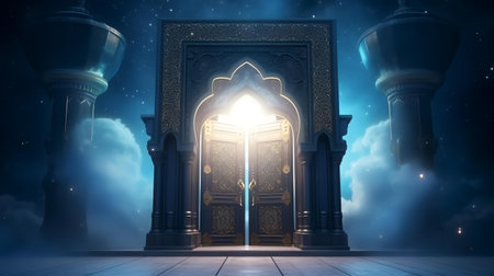 3D rendering of a ramadan kareem mosque door.の素材