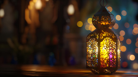 Ramadan Kareem greeting card. Arabic lantern in front of blurred background.の素材