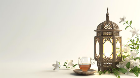 Lantern with cup of tea and jasmine flowers. 3D renderingの素材