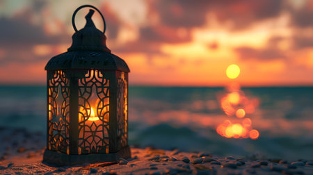 Lantern on the beach at sunset. Ramadan Kareem backgroundの素材