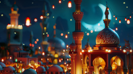 3D illustration of Ramadan Kareem background with mosque and lanternsの素材