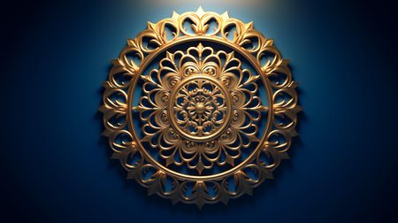 3D rendering of a golden mandala on a blue background.の素材