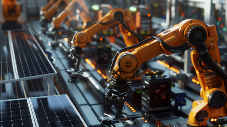 Smart industry robot arms for digital factory production technology showing automation manufacturing process of the Industry 4.0 or 4th industrial revolution and IOT software to control operation.の素材