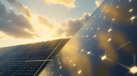 Solar panels against blue sky with white clouds 3d-illustrationの素材