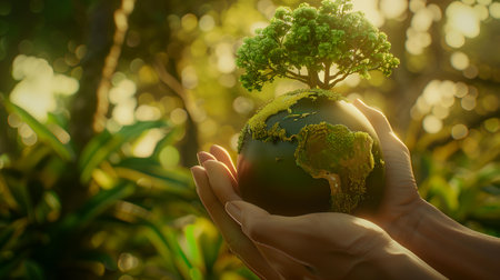 Closeup of hands holding earth globe with green plant in the gardenの素材